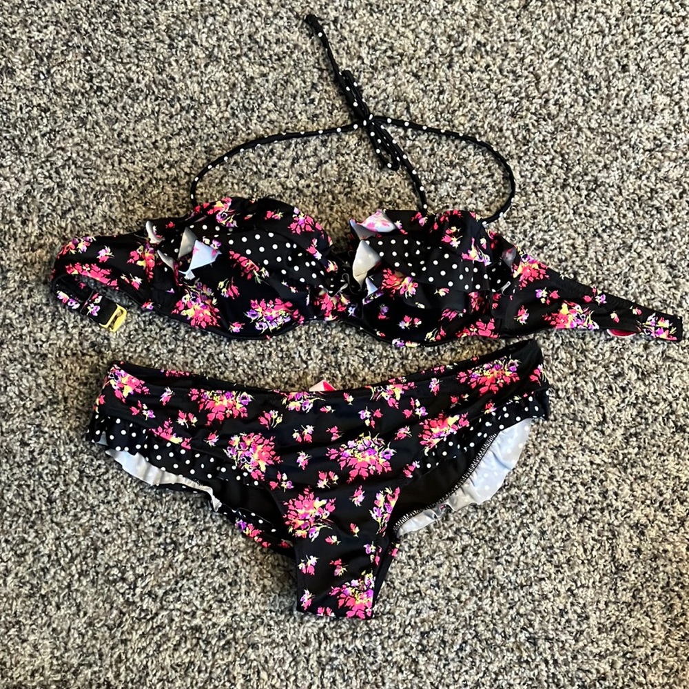 Victorias Secret black floral polka dot bandeau bikini swimsuit bathing suit top